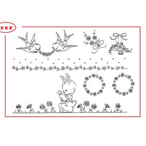 May include: Black and white embroidery pattern featuring a bunny holding a flower, two birds, a wreath, a floral border, and a bouquet of flowers.