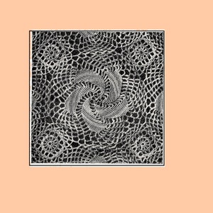 Puede incluir: Una imagen en blanco y negro de un encaje de ganchillo con un patrón de espiral.