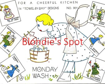 30's Hand Embroidery designs 901 For a cheerful kitchen, Towel by Day, Housewife Days of the Week, Monday wash Digital embroidery