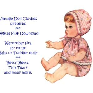 Mönster för dockkläder till baby- eller småbarnsdockor för 15" eller 18" Betsy Wetsy eller Tiny Tears, digital PDF-nedladdning, 5 outfits, docksamlarpresenter