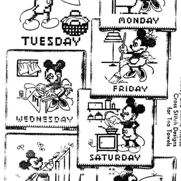 Digital Hand Embroidery Mickey Mouse Cross Stitch Days of the Week Hand Embroidery McCall's 796 Vintage 1940's