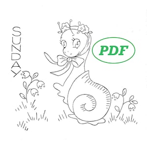 Hand Embroidery pattern no. 83 Snooky the Snail - Printable PDF Download - Clean Iron Wash Bake Sew Shop and Sunday for 7 Dish Towels