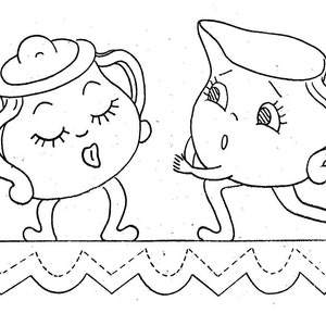 May include: A black and white line drawing of two cartoon pitchers with legs and arms. The pitchers have large eyes and are looking at each other. The pitcher on the left is smiling and sticking out its tongue. The pitcher on the right has a surprised expression.