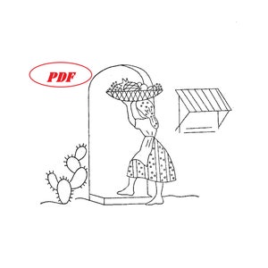 May include: Black and white line drawing of a person carrying a basket of fruit on their head. The person is walking through an archway. A cactus and a small building are also in the image. The word "PDF" is in a red oval.