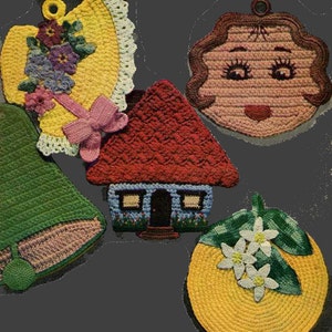 May include: Five crocheted hot pads in different shapes and designs. A yellow flower pot, a red house, a green bell, a woman's face, and a yellow lemon with green leaves.