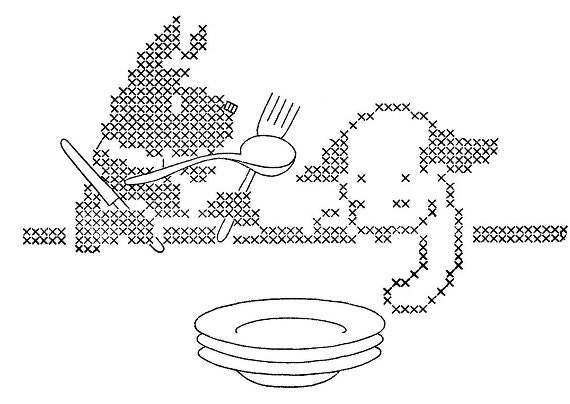 Hand Embroidery Designs in Digital PDF format - 1346 Scottie Dogs and Floppy Eared Puppies with Dishes in Cross Stitch for Dish Towels