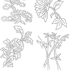 May include: A black and white line drawing of four different floral and plant designs. The designs include a pine tree, a chrysanthemum flower, a bamboo plant, and another chrysanthemum flower.