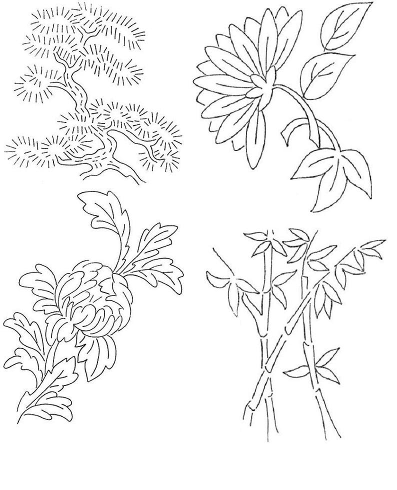 May include: A black and white line drawing of four different floral and plant designs. The designs include a pine tree, a chrysanthemum flower, a bamboo plant, and another chrysanthemum flower.