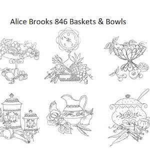 May include: Black and white line art illustration of various kitchen items, including a fruit bowl, a basket of fruit, a clock, a pitcher, a tea jar, a coffee jar, and a covered dish. The illustration is titled "Alice Brooks 846 Baskets & Bowls".