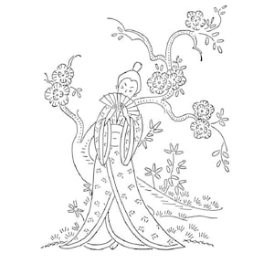 May include: A black and white line drawing of a woman in a traditional Japanese kimono holding a fan, standing in front of a flowering tree.