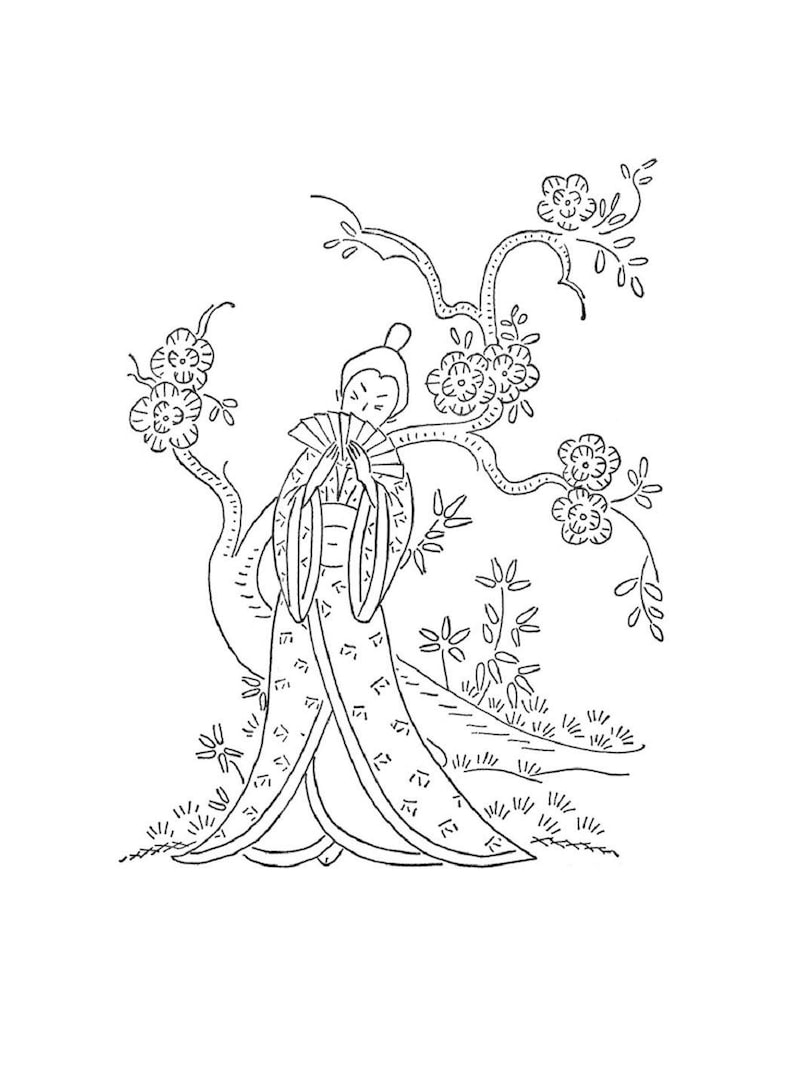 May include: A black and white line drawing of a woman in a traditional Japanese kimono holding a fan, standing in front of a flowering tree.