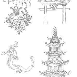 May include: A black and white line drawing of four traditional Japanese architectural elements: a pagoda, a torii gate, a dragon, and a small building with a curved roof.