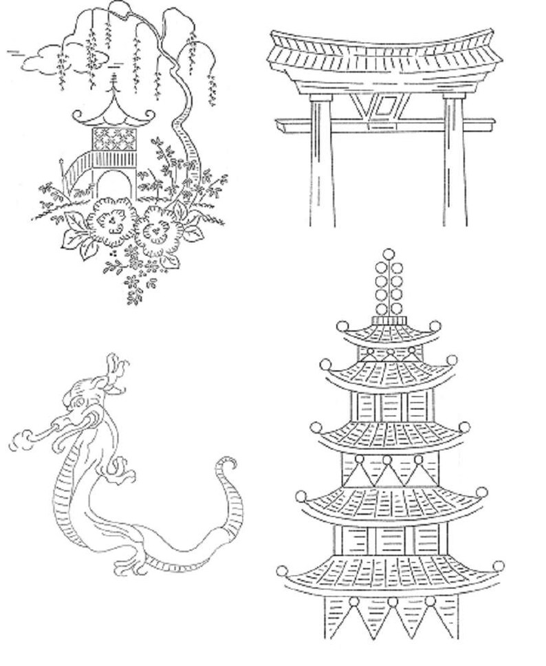 May include: A black and white line drawing of four traditional Japanese architectural elements: a pagoda, a torii gate, a dragon, and a small building with a curved roof.