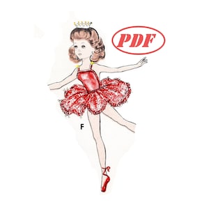 Pode incluir: Um padrão PDF imprimível para um vestido de bailarina para boneca. O vestido é vermelho com uma sobreposição de renda branca e uma coroa na cabeça da boneca.