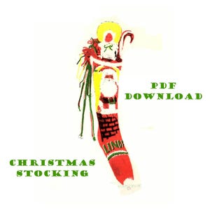 May include: A red and white Christmas stocking with a yellow Santa Claus design. The stocking has a green tassel and a white pom-pom at the toe. The text "PDF DOWNLOAD" is in green letters at the top of the image. The text "CHRISTMAS STOCKING" is in green letters at the bottom of the image.