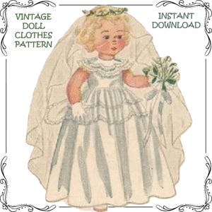 May include: Vintage doll clothes pattern for a bride. The pattern includes a white dress with a blue and white striped bodice, a veil, and a bouquet of flowers.