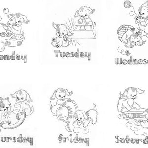 Vintage Hand Embroidery PATTERN Design 7019 Puppies for Days of the Week Kitchen Dish Towels PDF instant download