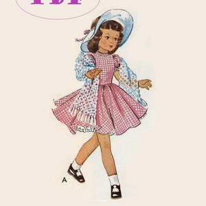 May include: A vintage illustration of a girl wearing a pink and white gingham dress, a white hat, and a white crocheted shawl. The illustration is labeled "PDF 4 OUTFITS".