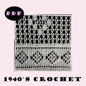 May include: A black and white vintage crochet pattern for a doily or table runner. The pattern features a geometric design with a border of small flowers. The text "1940's CROCHET" is printed below the pattern.