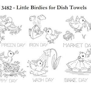 May include: Black and white line art illustration of six different birds with various activities. The birds are labeled with the text "PREEN DAY", "IRON DAY", "MARKET DAY", "HAPPY DAY", "WASH DAY", and "BAKE DAY".