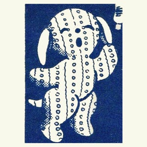 May include: A white knitted dog illustration on a blue background. The dog is standing on its hind legs with its front paws raised. The dog has a large, open mouth and a happy expression.