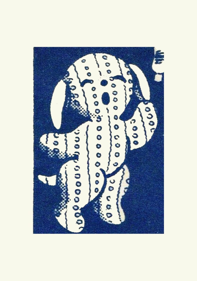May include: A white knitted dog illustration on a blue background. The dog is standing on its hind legs with its front paws raised. The dog has a large, open mouth and a happy expression.