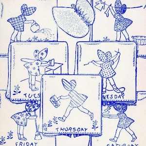 Digital Hand Embroidery designs 9196 Days of the Week Sunbonnet Girls Seven Days of the week and a Bonnet for a Potholder 1940s vintage