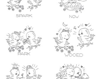 Digital Hand Embroidery Pattern 718 Birds Courting Kitchen Towels in a PDF file Instant Download