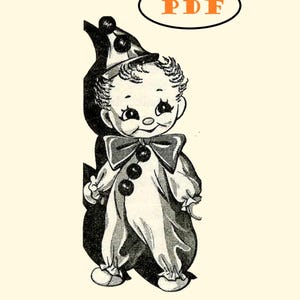 May include: Black and white illustration of a sock doll dressed as a clown. The doll has a big smile and is wearing a hat with a pom-pom. The doll is standing on a white background. The text "PDF" and "SOCK DOLL" are printed in orange.