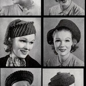 May include: Five different styles of crocheted hats in black and white. Each hat is worn by a different woman with a neutral expression.