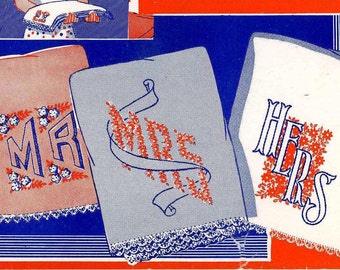 Digitales PDF Bügelbild 149 His Hers Mr Mrs Hand Embroidery Transfer für Gästehandtücher zur Verwendung auf Vintage Style Bettwäsche der 1940er Jahre
