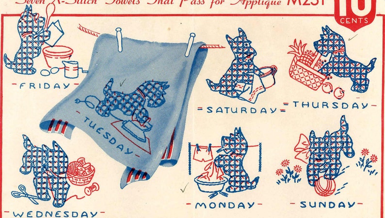 Vintage Hand Embroidery PATTERN 231 Cross Stitch Scottie Dogs for Days of the Week towels 1940's Digital PDF Instant Download image 5