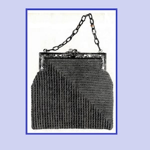 May include: A black crocheted handbag with a silver clasp and a chain strap.