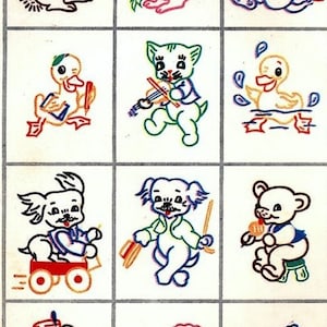 May include: A set of 12 colorful embroidered iron-on patches featuring various animals, including a bunny, cat, duck, dog, bear, and lamb. The patches are perfect for adding a whimsical touch to clothing, bags, or other fabric items.