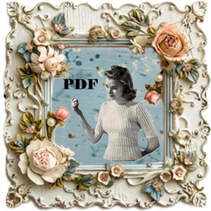 May include: A vintage-style white frame with ornate floral details surrounds a photo of a woman wearing a white knitted sweater. The word "PDF" is printed in black letters on the photo.