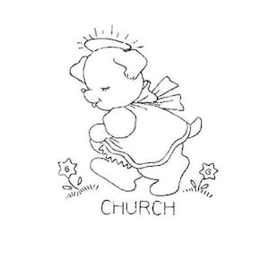 Digital Hand Embroidery Pattern Puppies going about their Daily Chores from a Workbasket magazine - Church, Clean, Wash, Iron, Market, Cook