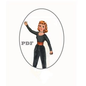 May include: A vintage illustration of a woman wearing a black jumpsuit with a red belt. The illustration is in a circle with the word "PDF" in the lower left corner.