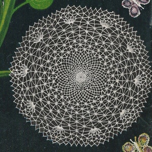 Puede incluir: Un tapete circular blanco con un delicado diseño calado. El tapete presenta un patrón central en espiral rodeado por una red geométrica de líneas interconectadas. El fondo es verde oscuro, con una mariposa y hojas verdes.