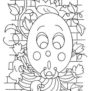May include: A black and white line drawing of a cartoon face with a crown on its head. The face is surrounded by vines and flowers.