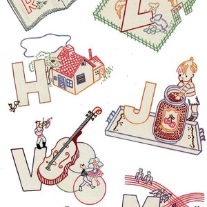 May include: A colorful alphabet embroidery pattern with illustrations for each letter. The letters are white with colored outlines. The illustrations include a book, a zoo, a house, a violin, a jar of jam, a lamb, and musical notes.