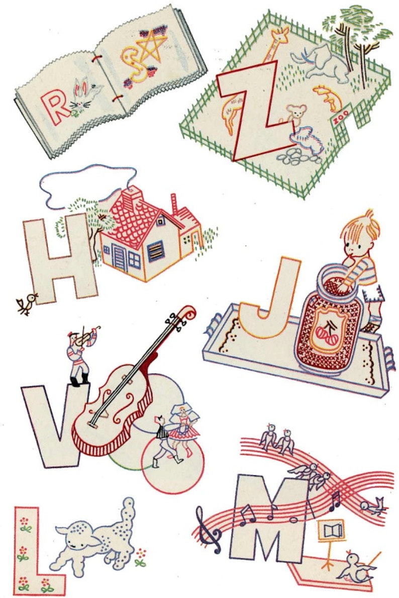 Puede incluir: Un patr&oacute;n de bordado de alfabeto colorido con ilustraciones para cada letra. Las letras son blancas con contornos de colores. Las ilustraciones incluyen un libro, un zool&oacute;gico, una casa, un viol&iacute;n, un tarro de mermelada, un cordero y notas musicales.