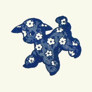May include: A blue and white patterned lamb illustration. The lamb is standing on its hind legs with its front legs raised. The lamb is facing to the right.