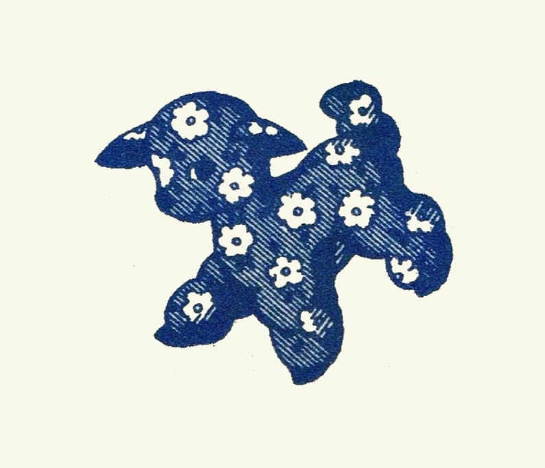 May include: A blue and white patterned lamb illustration. The lamb is standing on its hind legs with its front legs raised. The lamb is facing to the right.