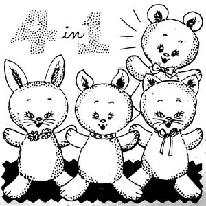 Puede incluir: Ilustración en blanco y negro de cuatro patrones de animales de peluche: un conejo, un gato, un oso y un perro. La ilustración se titula "4 en 1".