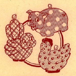 Puede incluir: Ilustración en marrón rojizo de un cerdo, una gallina y dos objetos en forma de corazón. El cerdo tiene lunares blancos, la gallina tiene pequeños puntos y los corazones tienen un patrón de trama cruzada. Todos tienen un lazo en la parte superior.