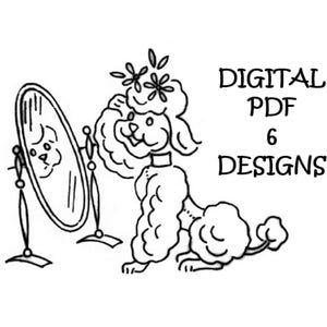 Pode incluir: Um desenho a preto e branco de um poodle a olhar para si próprio num espelho. O poodle está a usar uma flor na cabeça. O texto "DIGITAL PDF 6 DESIGNS" está escrito acima do poodle.