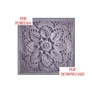 May include: A crochet pattern for a square with a floral design in the center. The pattern is called "The Puritan" and is available as a PDF download.