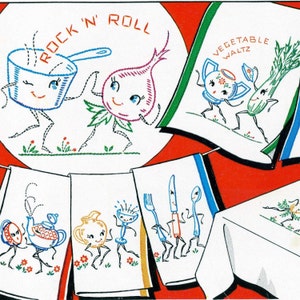 Hand Embroidery 260 Animated Dancing Vegetables for Dish Towels Embroidery Transfer in Instant Digital PDF Download