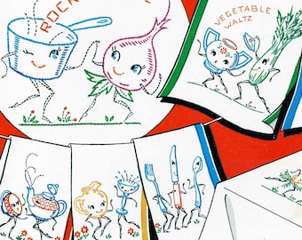 Hand Embroidery 260 Animated Dancing Vegetables for Dish Towels Embroidery Transfer in Instant Digital PDF Download