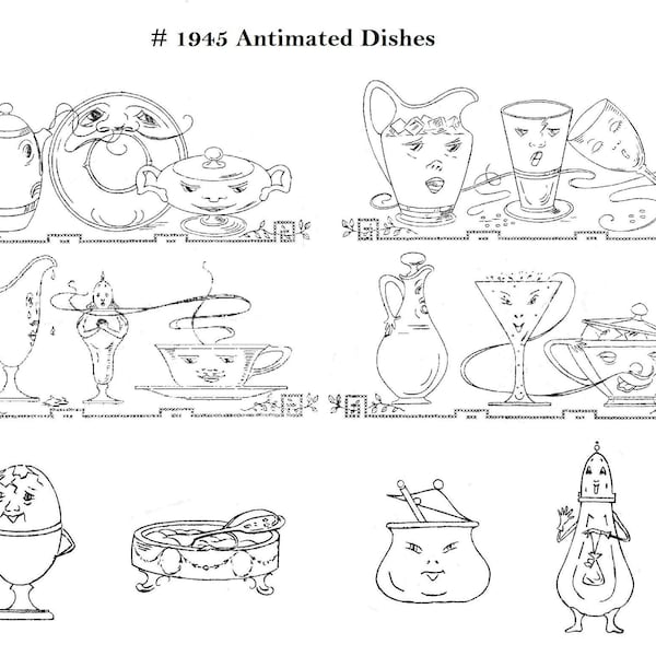 DIGITAL Hand Embroidery Designs # 1945 Animated Dishes Humpty Dumpty Kitten Salt Pepper - for Dish Towels Pot Holders Napkins Apron Pockets